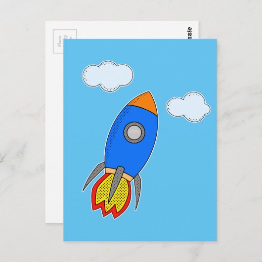 Cartoon Space Rocket in Blue Sky Postkarte (Vorne/Hinten)