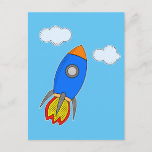 Cartoon Space Rocket in Blue Sky Postkarte