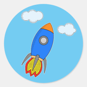 Cartoon Space Rocket in Blue Sky Runder Aufkleber