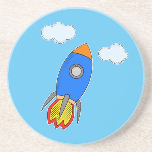 Cartoon Space Rocket in Blue Sky Sandstein Untersetzer (Vorne)