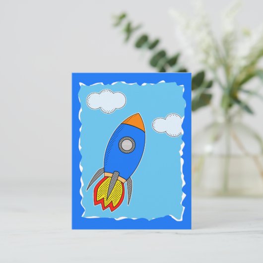 Cartoon Space Rocket in Blue Sky Torrent Paper Postkarte (Stehend Vorderseite)
