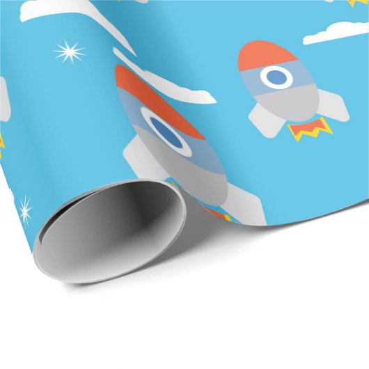 Cartoon Space Rockets - leuchtendes blaues Muster Geschenkpapier (Rolleneckpunkt)