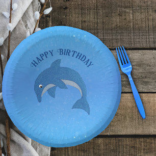 Cartoon Sparkle Blau Weißer Geburtstag Dolphin Pappteller