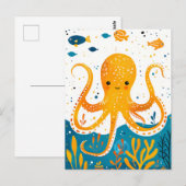 Cartoon Spielender Kraken mit farbenfroher Fische Postkarte (Vorne/Hinten)