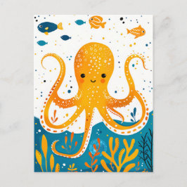 Cartoon Spielender Kraken mit farbenfroher Fische Postkarte
