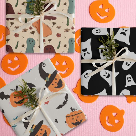 Cartoon Spooky Geist und Retro Kürbis Geschenkpapier Set