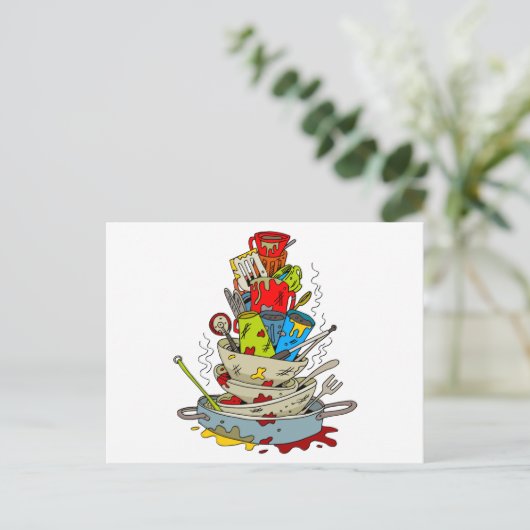Cartoon "Stack of Dirty Geschirrs" Postkarte (Stehend Vorderseite)
