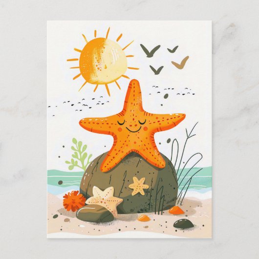 Cartoon Starfish on Rock by Ocean Postkarte (Vorderseite)