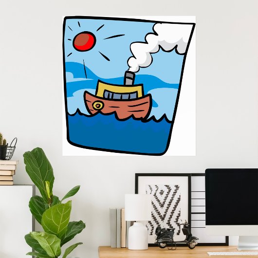 Cartoon Steamship auf Ocean Waves Nautic Art Poster