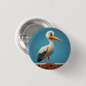Cartoon Stork mit hellen Augen auf Holzzaun Button (Vorne & Hinten)