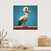 Cartoon Stork mit hellen Augen auf Holzzaun Poster (Küche)