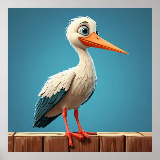 Cartoon Stork mit hellen Augen auf Holzzaun Poster (Vorne)