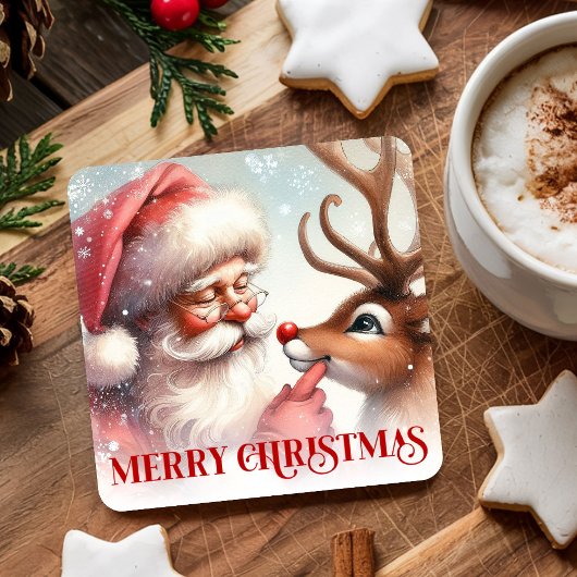 Cartoon Style Cute Santa and Rudolph Paper Coaster Rechteckiger Pappuntersetzer