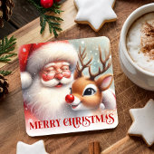 Cartoon Style Cute Santa and Rudolph Paper Coaster Rechteckiger Pappuntersetzer