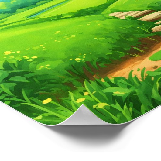 Cartoon-Style Grass Field Landschaftsbild Malerei Poster (Ecke)