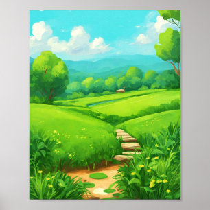 Cartoon-Style Grass Field Landschaftsbild Malerei Poster