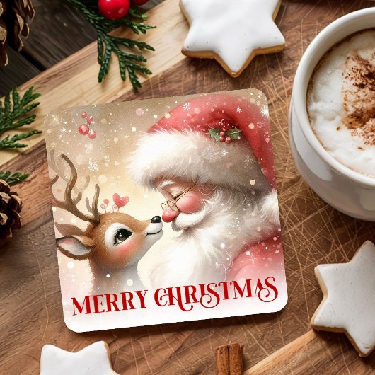 Cartoon Style Santa and Rudolph Holiday Coasters Rechteckiger Pappuntersetzer