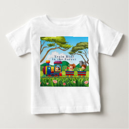 Cartoon Style Train Ride in Forest Green Blue Baby T-shirt