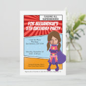Cartoon Superhero Comic Geburtstagsparty (brünett) Einladung (Stehend Vorderseite)