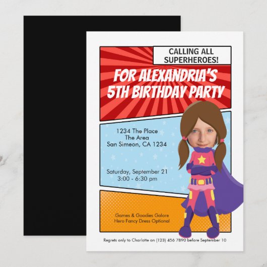 Cartoon Superhero Comic Geburtstagsparty (brünett) Einladung (Vorne/Hinten)