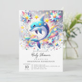 Cartoon Sweet Dolphin Baby Dusche Einladung (Stehend Vorderseite)