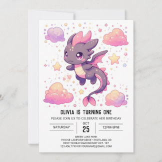 Cartoon Sweet Dragon 1. Geburtstag Einladung