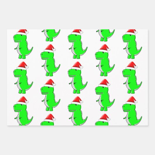 Cartoon T Rex Niedlich Dino Santas Weihnachtshut Geschenkpapier Set (Vorderseite)