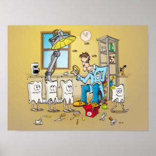 Cartoon; tanden op control bij de tandarts poster
