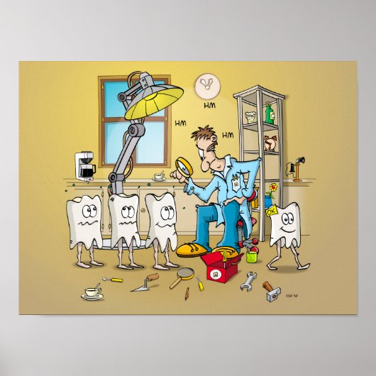 Cartoon; tanden op control bij de tandarts poster (Vorne)