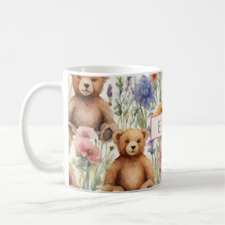 Cartoon Teddy Bärenmuster mit Aquarellfarben-Blume Kaffeetasse