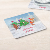 Cartoon Tiere tanzen um den Weihnachtsbaum herum Rechteckiger Pappuntersetzer (angewinkelt)