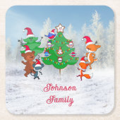 Cartoon Tiere tanzen um den Weihnachtsbaum herum Rechteckiger Pappuntersetzer (Vorderseite)