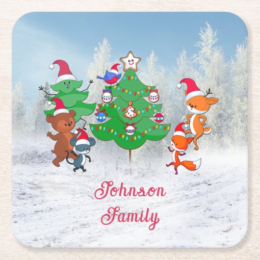 Cartoon Tiere tanzen um den Weihnachtsbaum herum Rechteckiger Pappuntersetzer (Vorderseite)