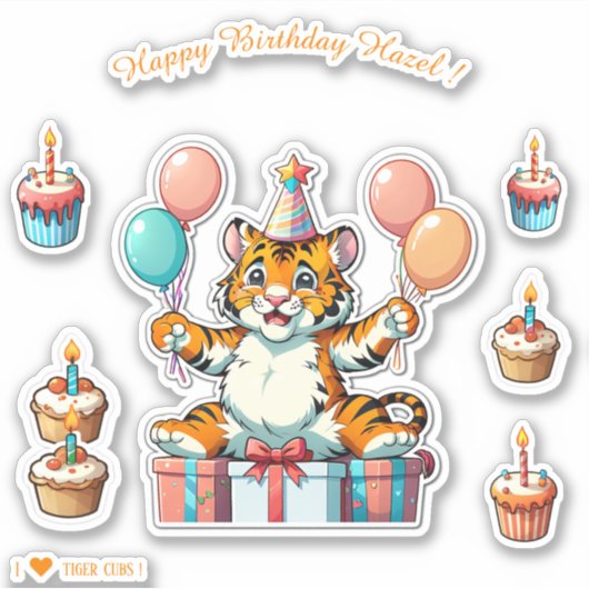 Cartoon Tiger Cub - Glücklich zum Geburtstag Perso Aufkleber (Vorderseite)