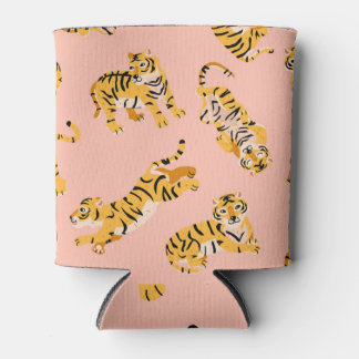 Cartoon Tiger, rosa Vintages Muster. Dosenkühler