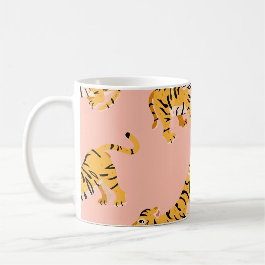 Cartoon Tiger, rosa Vintages Muster. Kaffeetasse (Links)