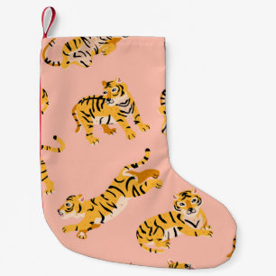 Cartoon Tiger, rosa Vintages Muster. Kleiner Weihnachtsstrumpf