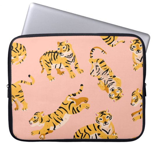 Cartoon Tiger, rosa Vintages Muster. Laptopschutzhülle (Vorderseite)