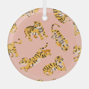 Cartoon Tiger, rosa Vintages Muster. Ornament Aus Glas