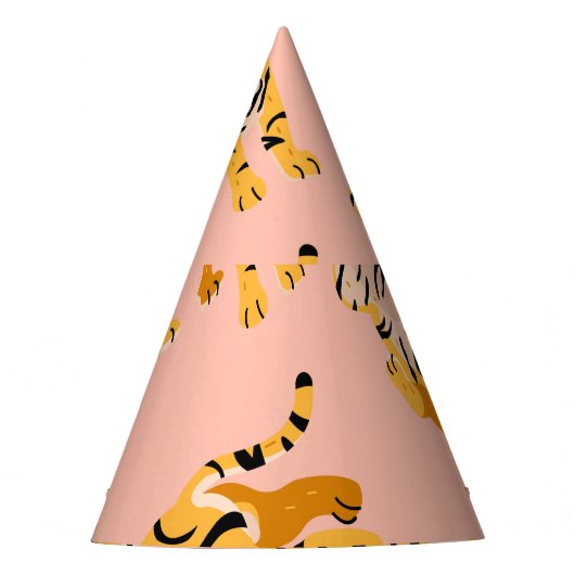 Cartoon Tiger, rosa Vintages Muster. Partyhütchen (Vorderseite)