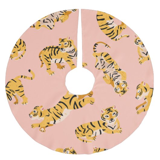 Cartoon Tiger, rosa Vintages Muster. Polyester Weihnachtsbaumdecke (Vorderseite)