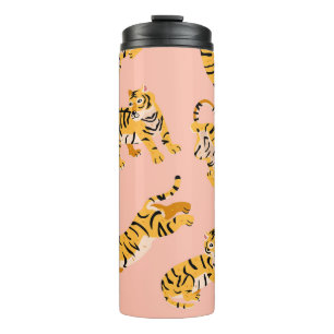 Cartoon Tiger, rosa Vintages Muster. Thermosbecher
