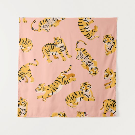 Cartoon Tiger, rosa Vintages Muster. Wandteppich (Vorderseite)