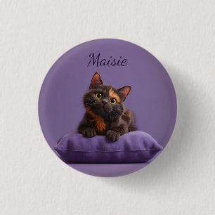 Cartoon Tortoiseshell Kitten auf Lila Polster Button