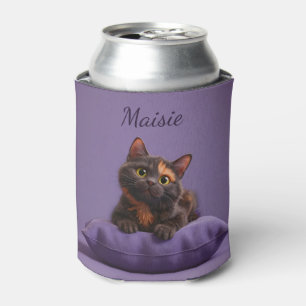 Cartoon Tortoiseshell Kitten auf Lila Polster Dosenkühler