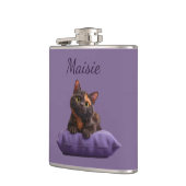 Cartoon Tortoiseshell Kitten auf Lila Polster Flachmann (Links)