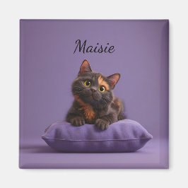 Cartoon Tortoiseshell Kitten auf Lila Polster Magnet