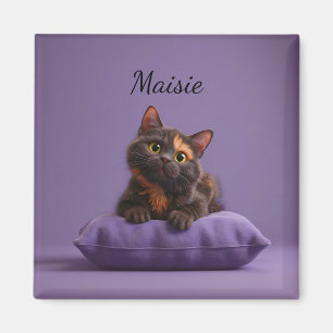 Cartoon Tortoiseshell Kitten auf Lila Polster Magnet