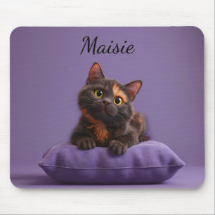 Cartoon Tortoiseshell Kitten auf Lila Polster Mousepad