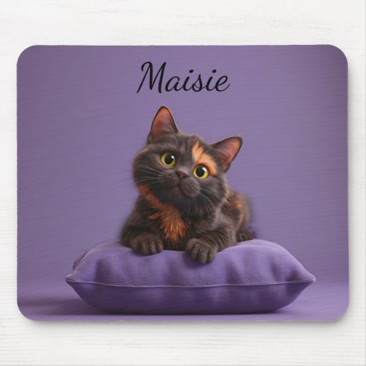 Cartoon Tortoiseshell Kitten auf Lila Polster Mousepad (Vorne)